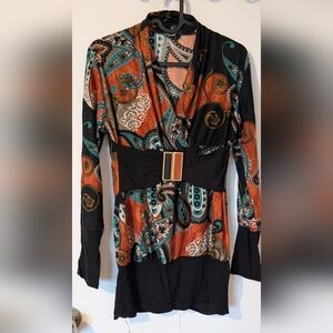 Abstract Paisley Wrap Top with Statement Buckle